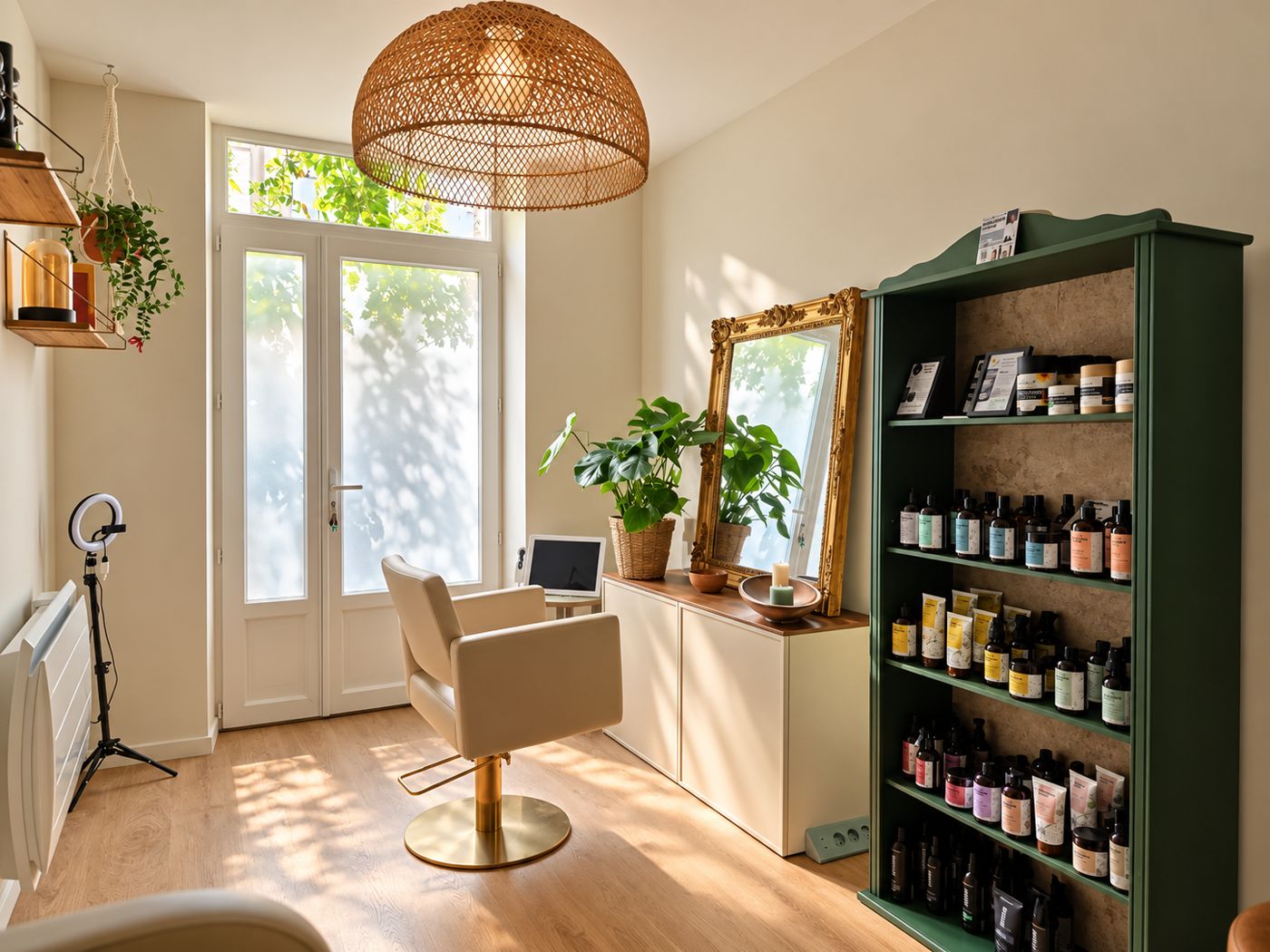 Le salon WavOïa à Nantes : fauteuil, grande fenêtre et étagère verte de soins